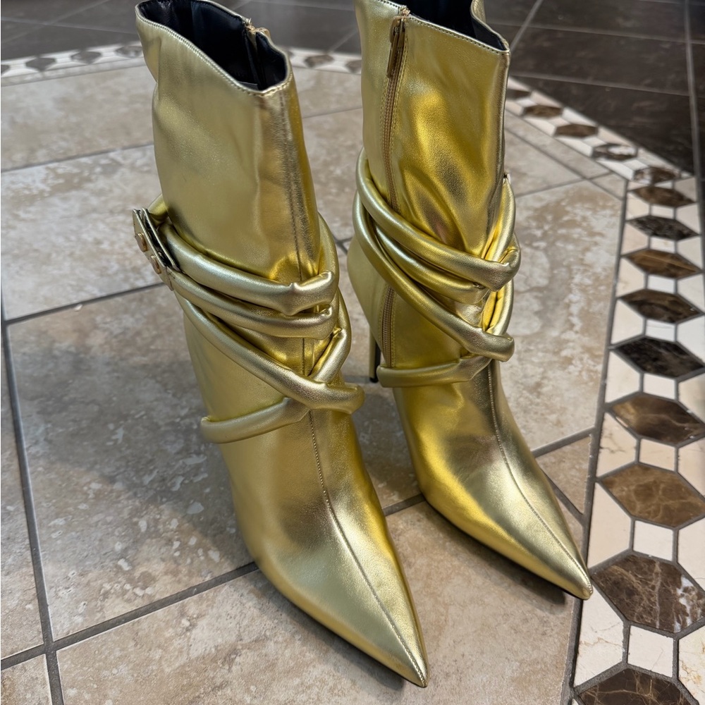 Azalea Wang Rhianna Metallic Gold Pointed-Toe Wrap-Detail Ankle Boots
